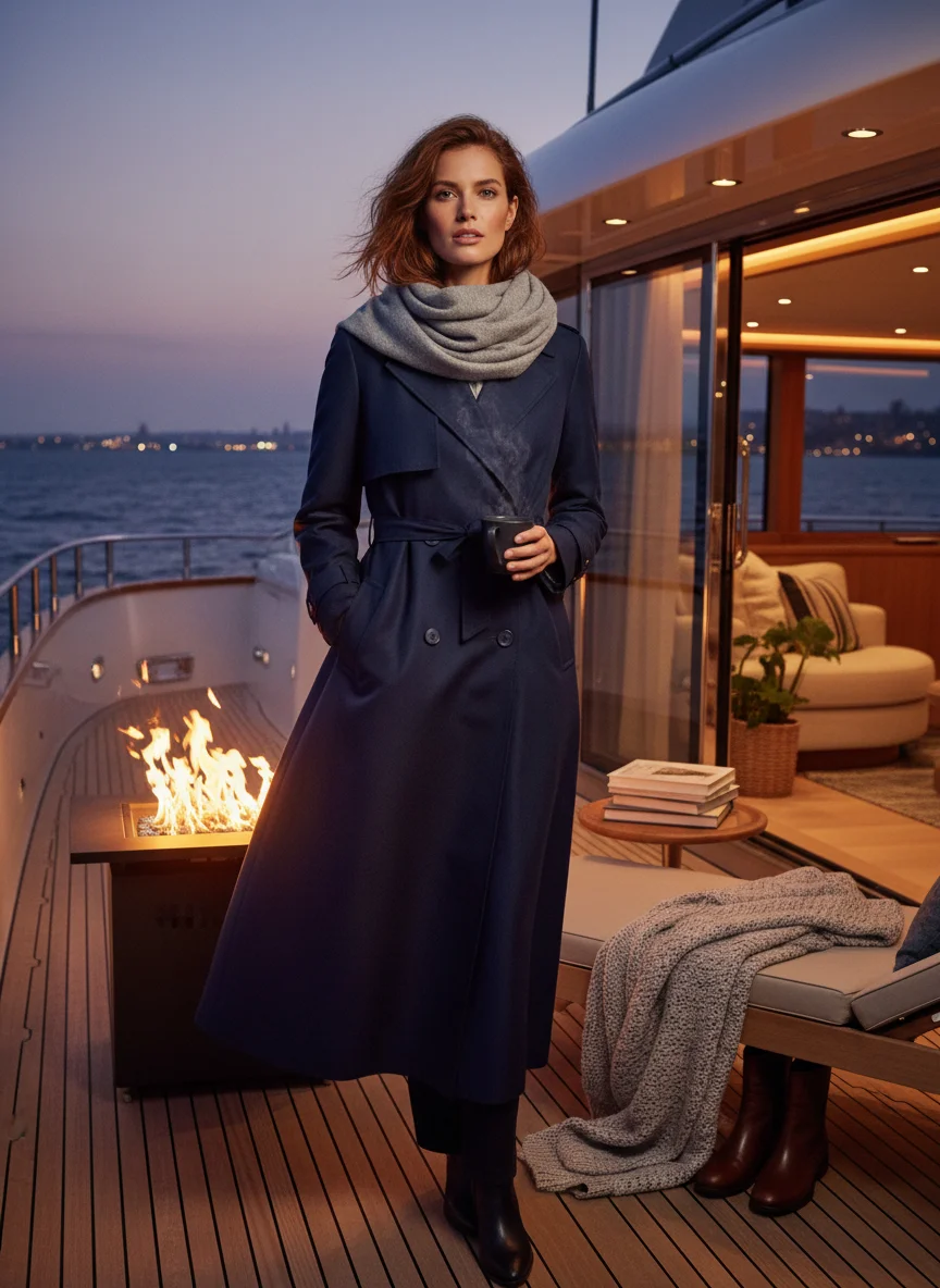 Navy Blue Trench & Grey Scarf