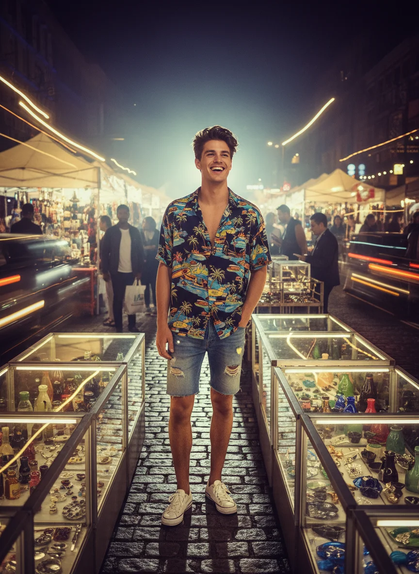 Hawaiian Shirt and Denim Shorts