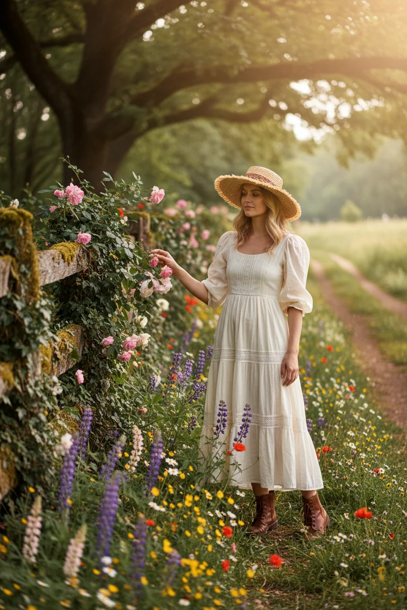 Maxi Dress with a Straw Hat